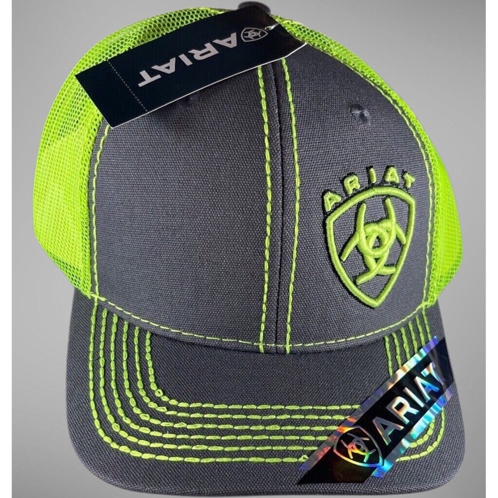 ARIAT Mens Cap Green Gray Cowboy Snap Back Adjustable‎ Vented Cloth